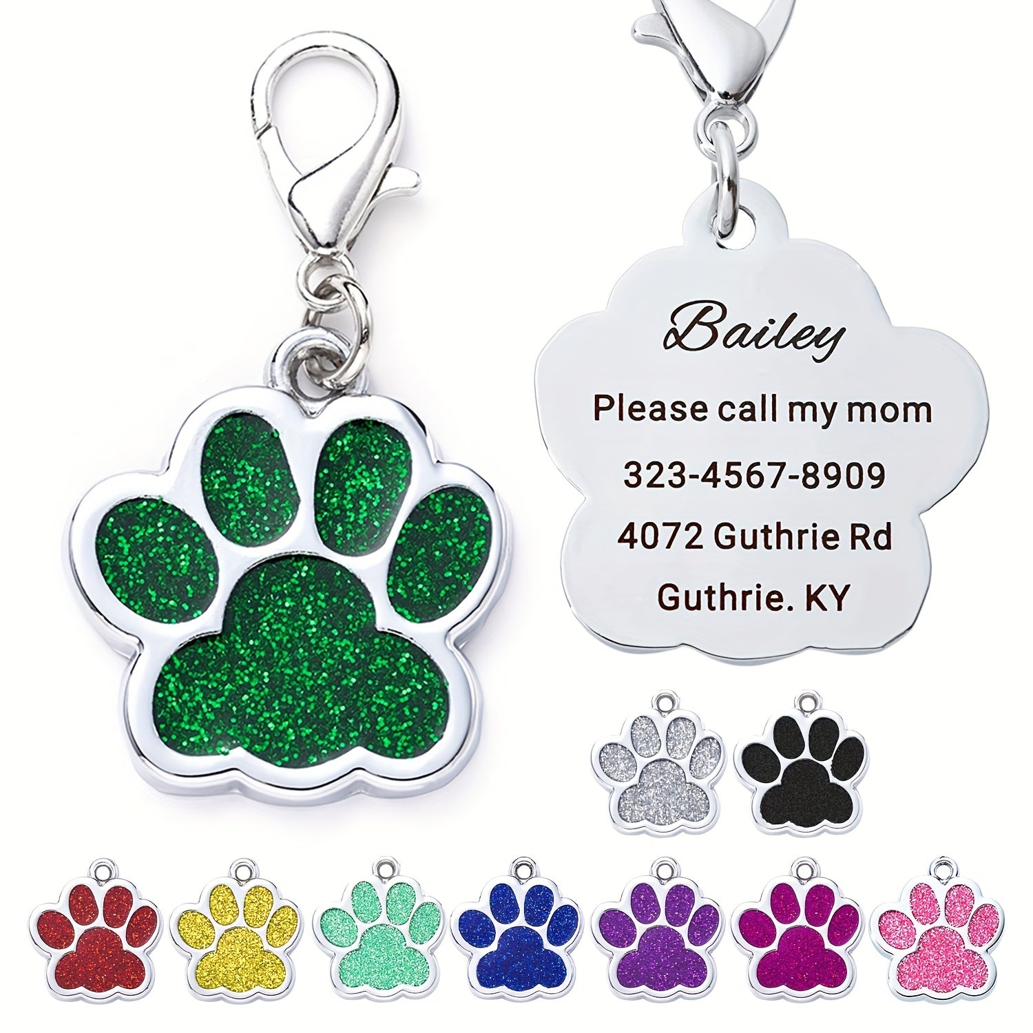 Personalized Dog Tag For Pets, Custom Engraved Dog ID Tag, Glitter Paw Print Collar Tags For Dogs