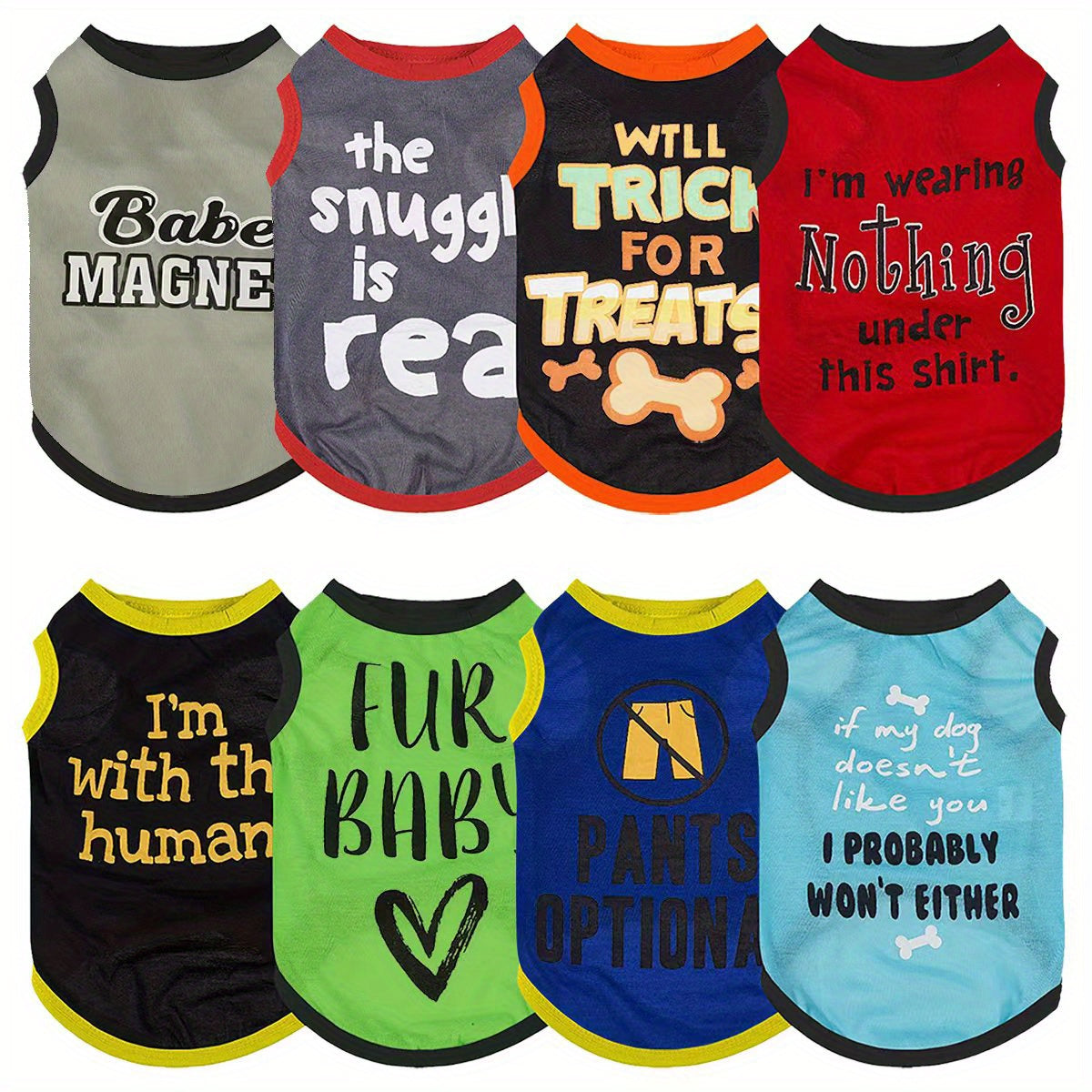 [Funny Dog Shirts] PAIAITE 8pcs Funny Dog Shirts - Soft Breathable Pet Outfits with "The Snuggles Are Real", "I'm Wearing Treats Under This Shirt", "Fur Friend" - Easy Slip-On Summer Apparel for Small Dogs & Cats in Grey/Blac