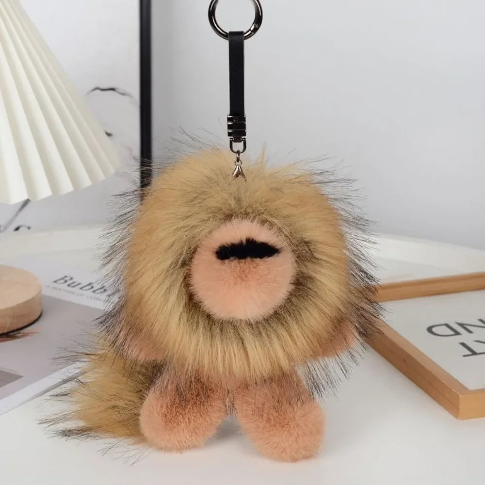 Long Mane Lion Plush Pendant with Tail Stuffed Plush Lion Keychain Simulation Rabbit Fur Ornaments Cute Animal Keychain Children