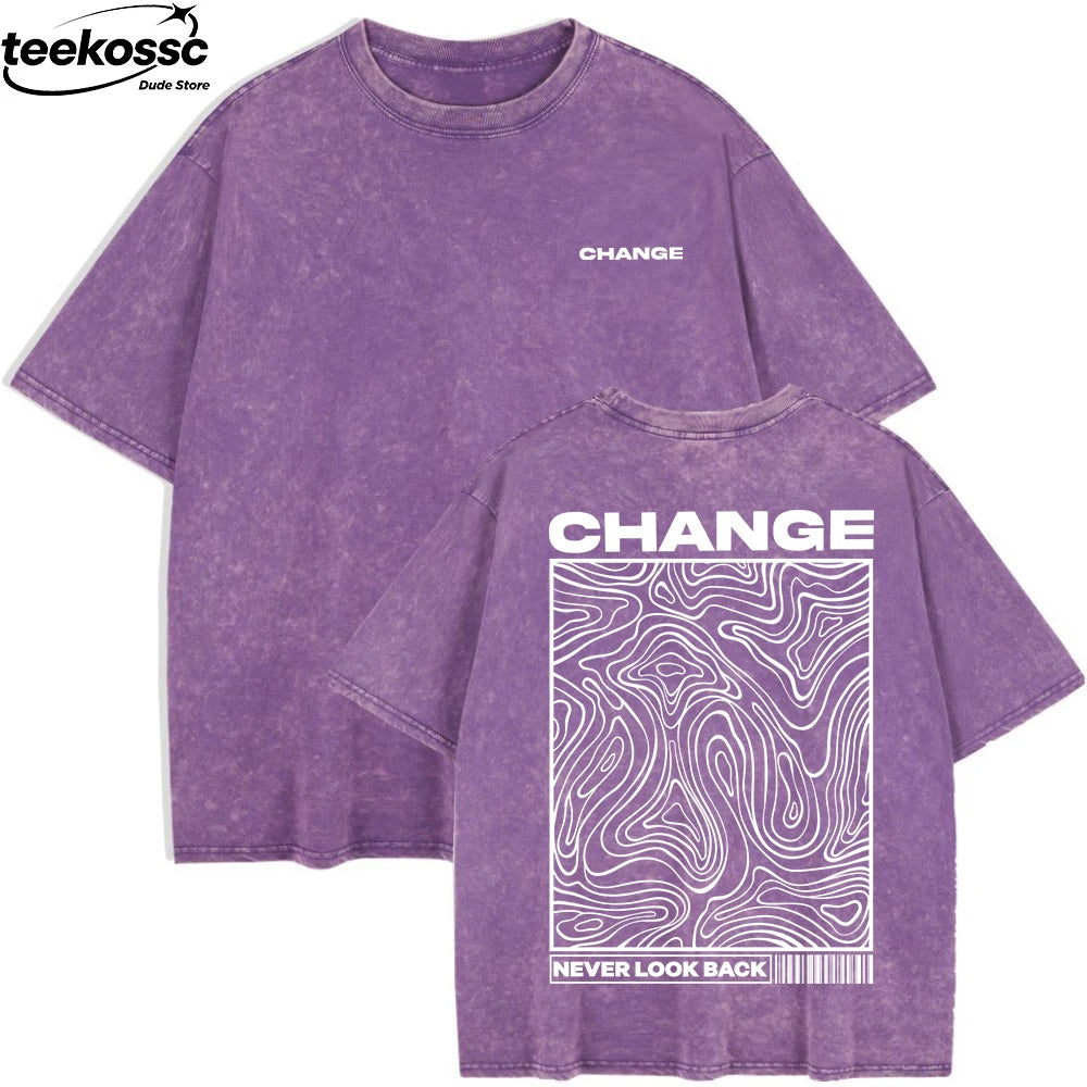 Change Never Look Back Printed Washed T-Shirts Womens Cotton Oversize T Shirt Summer Short Sleeve Tops Casual O-Neck Clothes