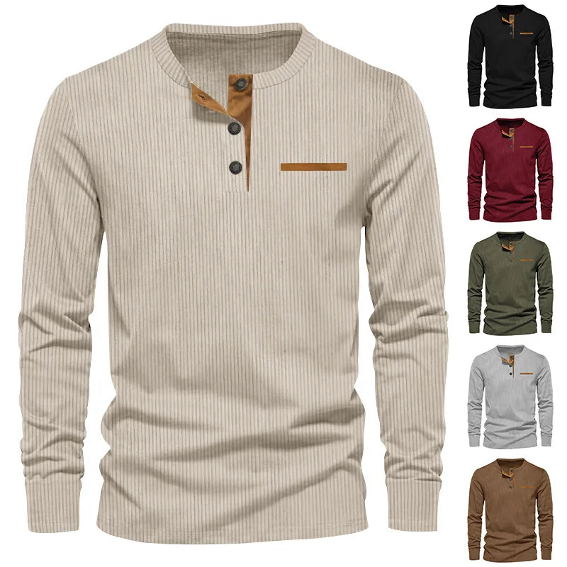 New Men's Long Sleeve T-shirt Spring And Autumn Comfortable Corduroy Fake Pocket Daily Casual Henry Shirt Fashion Men's Clothing