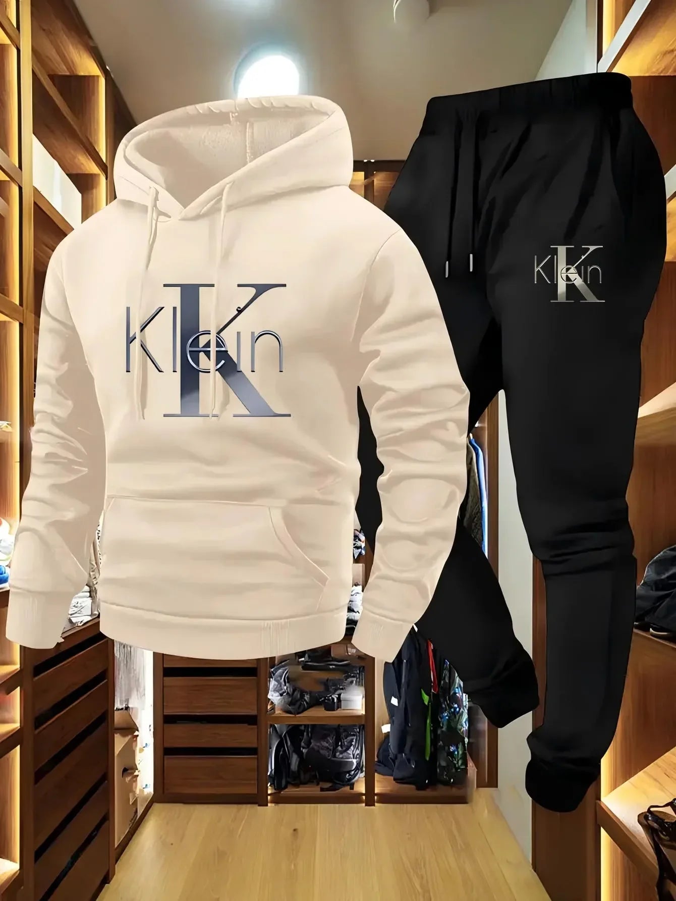 Men's casual two-piece set with autumn and winter patterns, hooded sweatshirt, long pants with pockets, outdoor sports suit