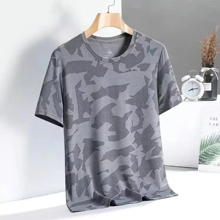 Camouflage Ice Silk Short Sleeve T-Shirt Men's Loose Fit Summer Sporty Quick Dry Casual Crew Neck Top Trendy Half Sleeve Shirt