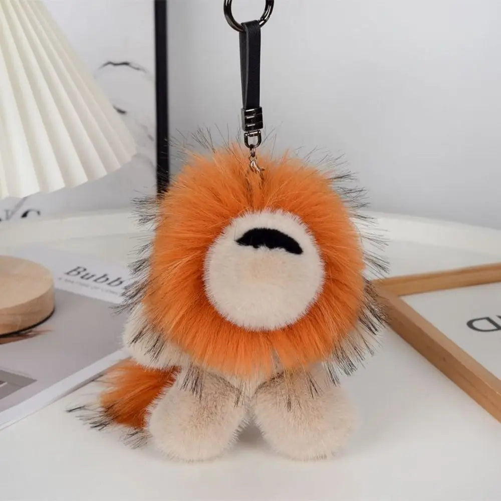 Long Mane Lion Plush Pendant with Tail Stuffed Plush Lion Keychain Simulation Rabbit Fur Ornaments Cute Animal Keychain Children