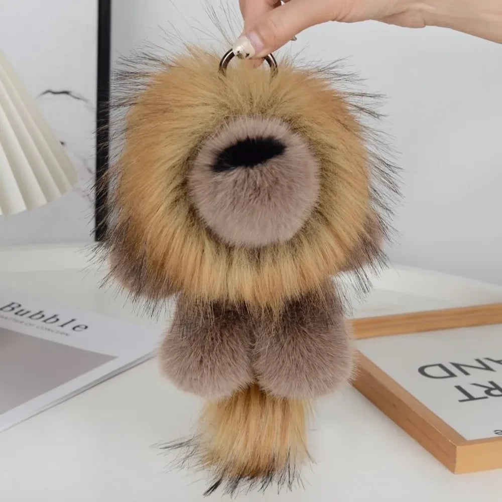 Long Mane Lion Plush Pendant with Tail Stuffed Plush Lion Keychain Simulation Rabbit Fur Ornaments Cute Animal Keychain Children
