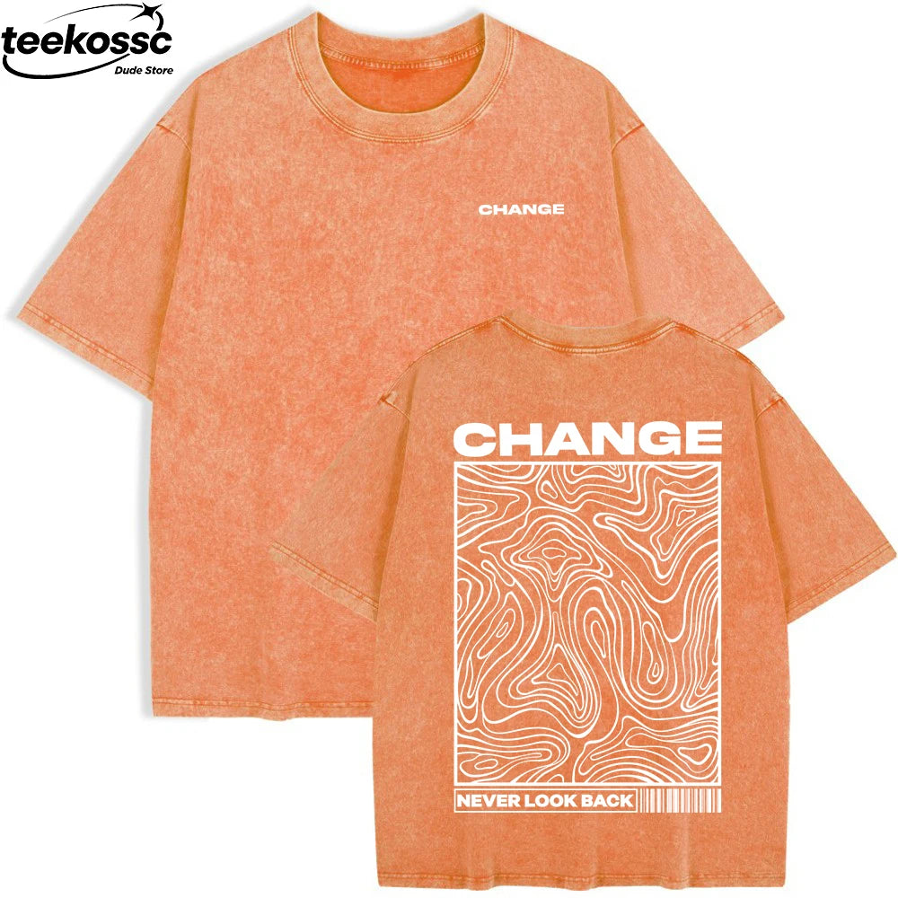Change Never Look Back Printed Washed T-Shirts Womens Cotton Oversize T Shirt Summer Short Sleeve Tops Casual O-Neck Clothes