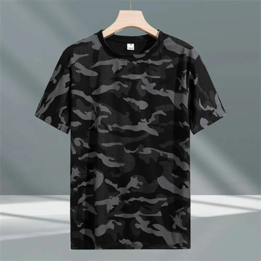 Camouflage Ice Silk Short Sleeve T-Shirt Men's Loose Fit Summer Sporty Quick Dry Casual Crew Neck Top Trendy Half Sleeve Shirt