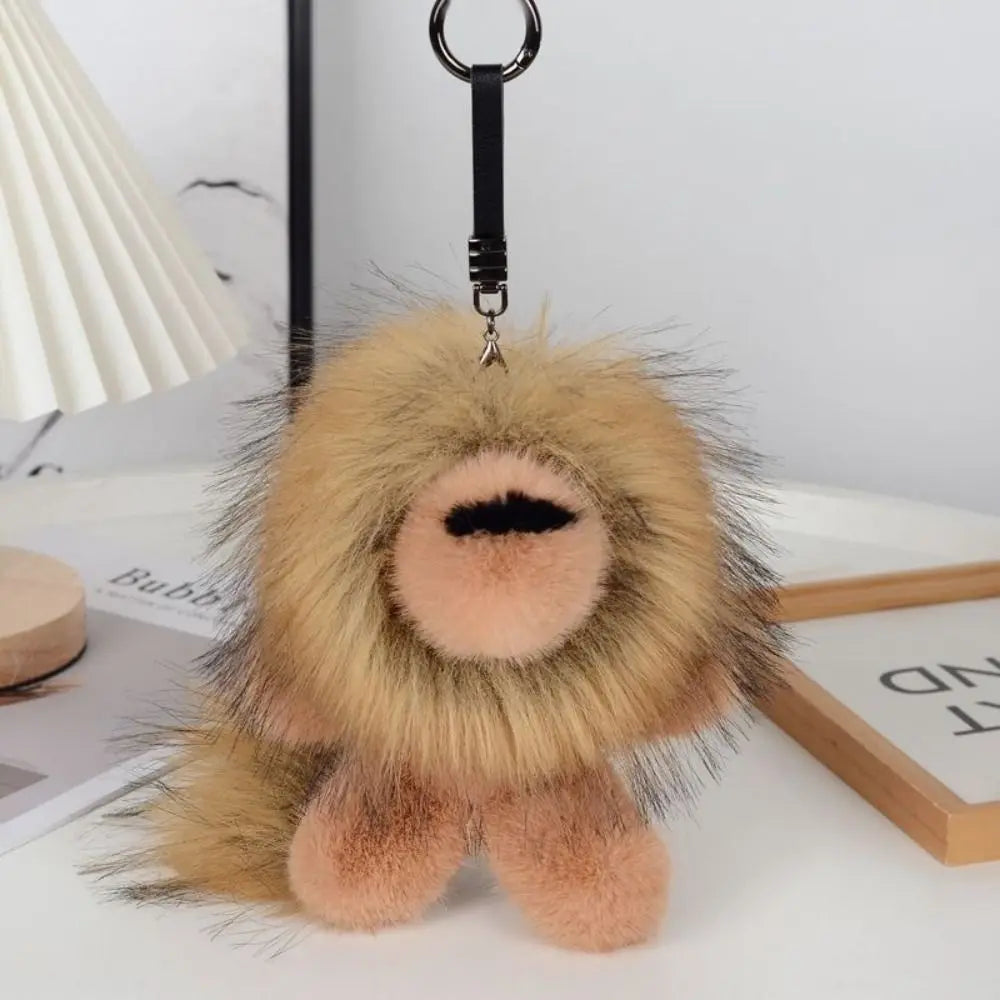 Long Mane Lion Plush Pendant with Tail Stuffed Plush Lion Keychain Simulation Rabbit Fur Ornaments Cute Animal Keychain Children