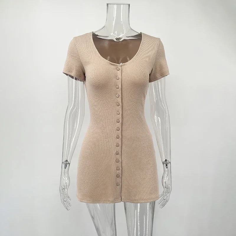 Tornova Knitted Mini Dress Female V Neck Buttons Elegant Short Sleeve Dress High Elasticity Casual Women's Dress 2025 Summer New