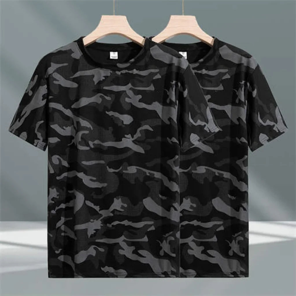 Camouflage Ice Silk Short Sleeve T-Shirt Men's Loose Fit Summer Sporty Quick Dry Casual Crew Neck Top Trendy Half Sleeve Shirt