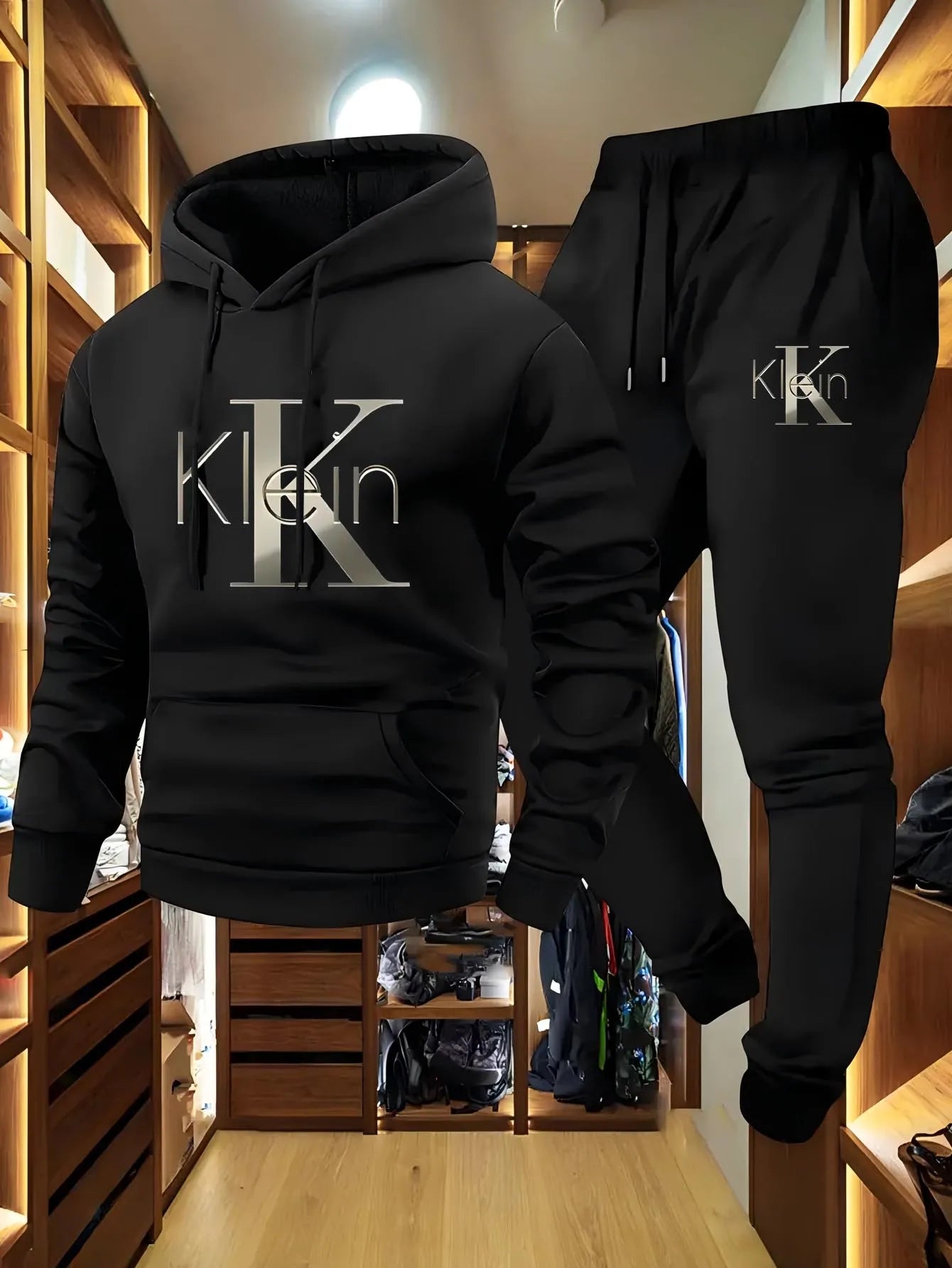 Men's casual two-piece set with autumn and winter patterns, hooded sweatshirt, long pants with pockets, outdoor sports suit