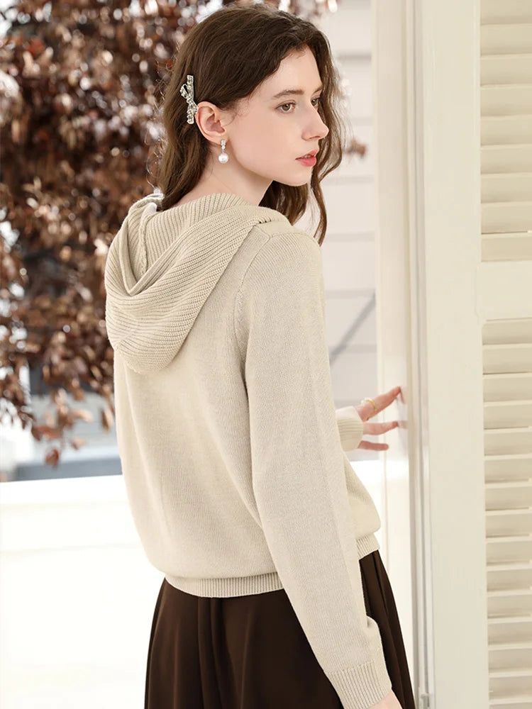 I BELIEVE YOU Apricot Wool Hooded Sweater Jacket for Women Autumn Winter 2025 Knitted  Warm Soft Casual Sweater Coat 2253126071
