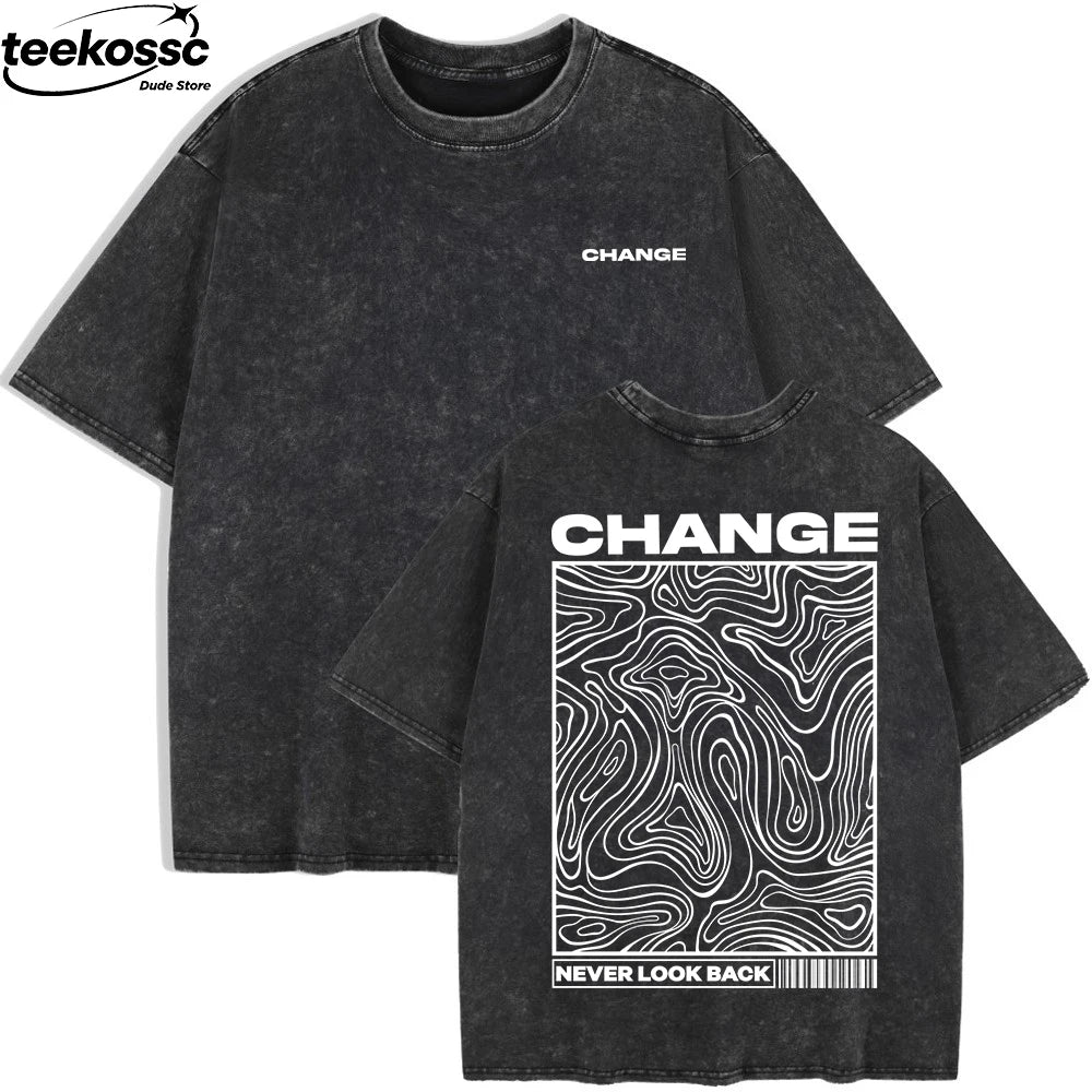 Change Never Look Back Printed Washed T-Shirts Womens Cotton Oversize T Shirt Summer Short Sleeve Tops Casual O-Neck Clothes
