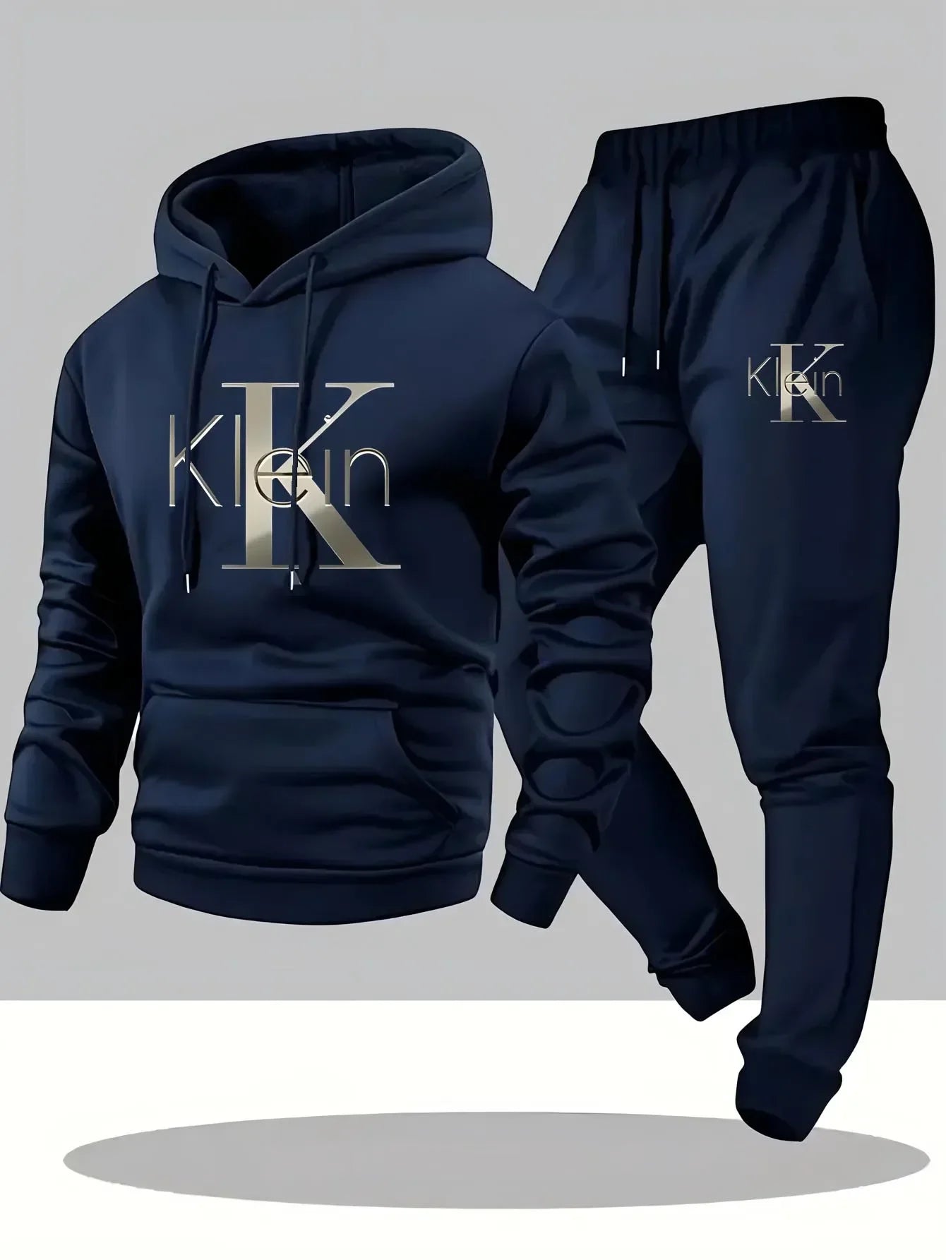 Men's casual two-piece set with autumn and winter patterns, hooded sweatshirt, long pants with pockets, outdoor sports suit