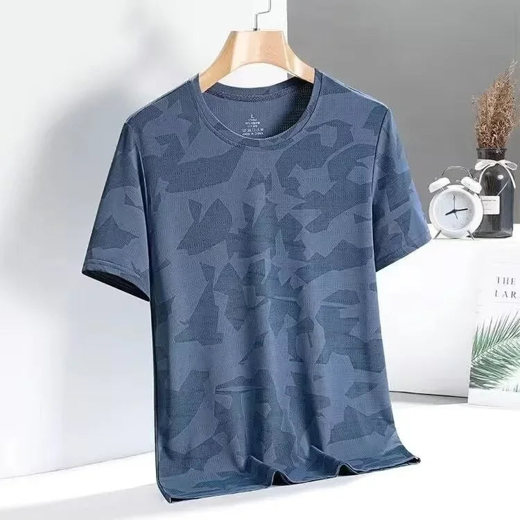 Camouflage Ice Silk Short Sleeve T-Shirt Men's Loose Fit Summer Sporty Quick Dry Casual Crew Neck Top Trendy Half Sleeve Shirt
