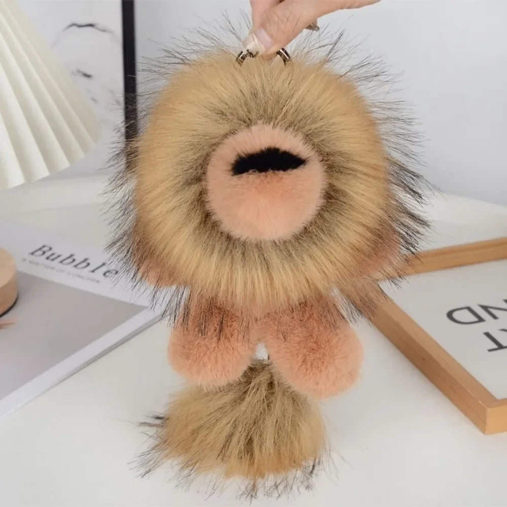 Long Mane Lion Plush Pendant with Tail Stuffed Plush Lion Keychain Simulation Rabbit Fur Ornaments Cute Animal Keychain Children
