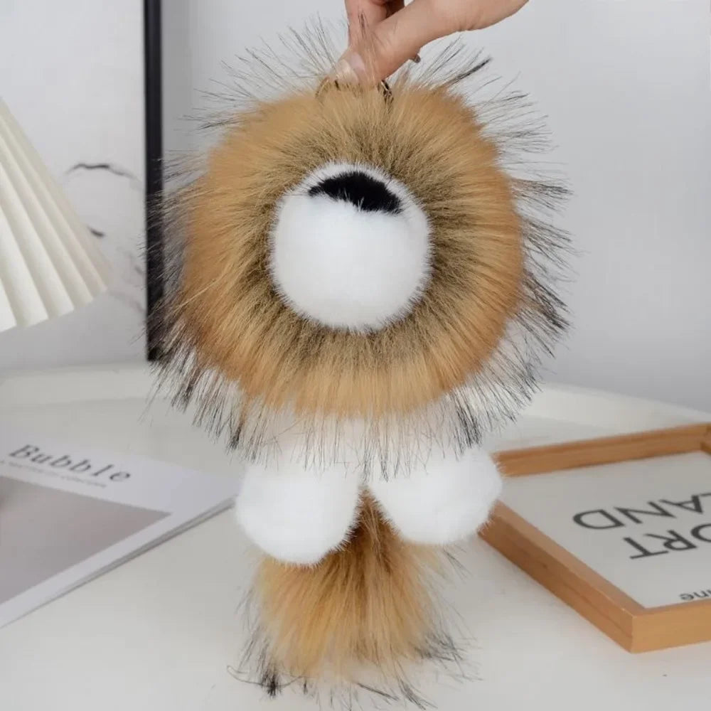 Long Mane Lion Plush Pendant with Tail Stuffed Plush Lion Keychain Simulation Rabbit Fur Ornaments Cute Animal Keychain Children