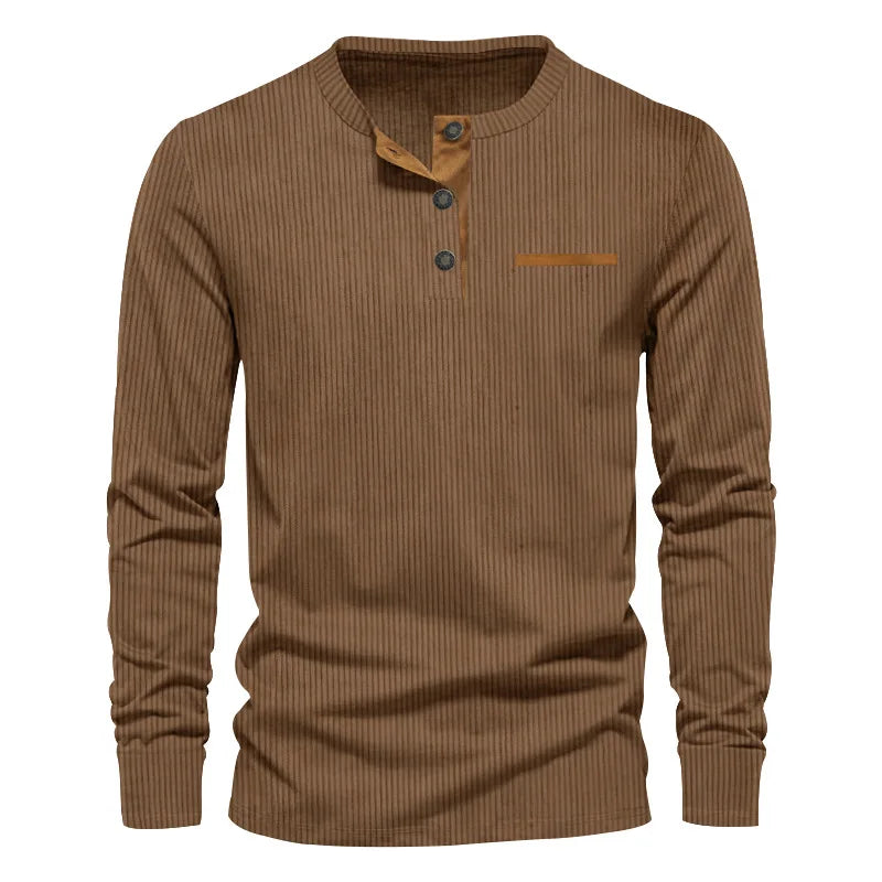 New Men's Long Sleeve T-shirt Spring And Autumn Comfortable Corduroy Fake Pocket Daily Casual Henry Shirt Fashion Men's Clothing