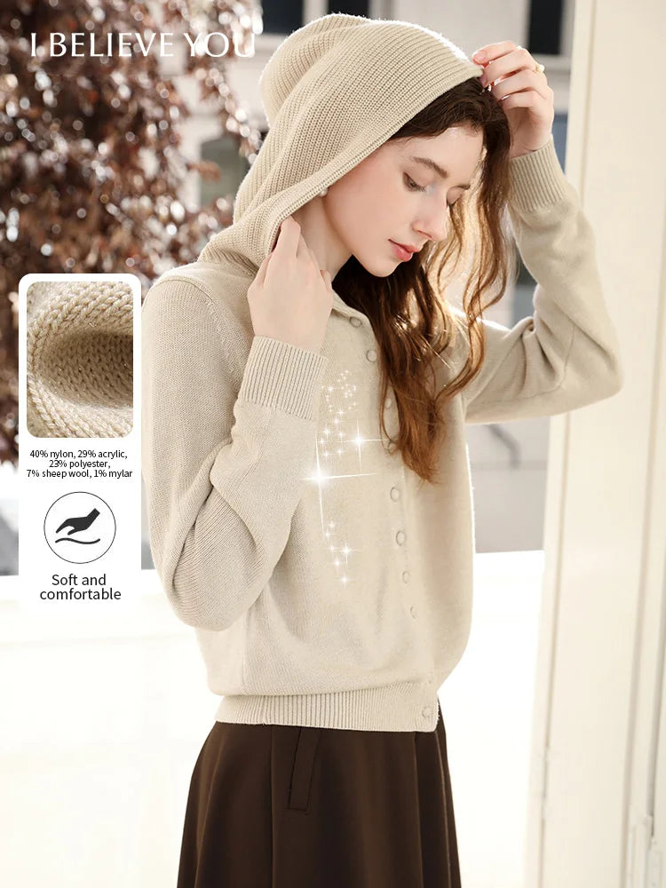 I BELIEVE YOU Apricot Wool Hooded Sweater Jacket for Women Autumn Winter 2025 Knitted  Warm Soft Casual Sweater Coat 2253126071