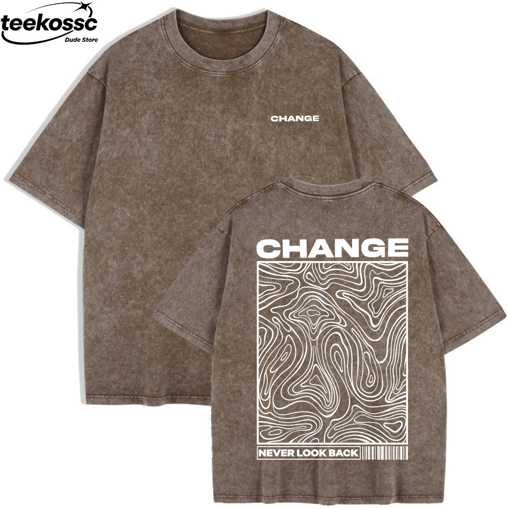 Change Never Look Back Printed Washed T-Shirts Womens Cotton Oversize T Shirt Summer Short Sleeve Tops Casual O-Neck Clothes