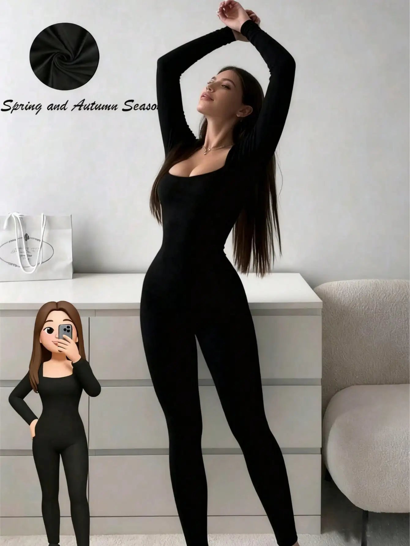 Black U-shaped Neck and Long Sleeve Jumpsuit Suitable for Spring and Autumn