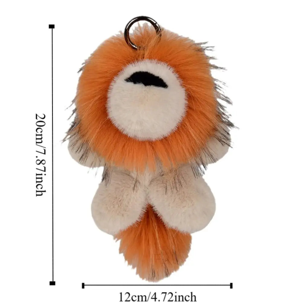 Long Mane Lion Plush Pendant with Tail Stuffed Plush Lion Keychain Simulation Rabbit Fur Ornaments Cute Animal Keychain Children