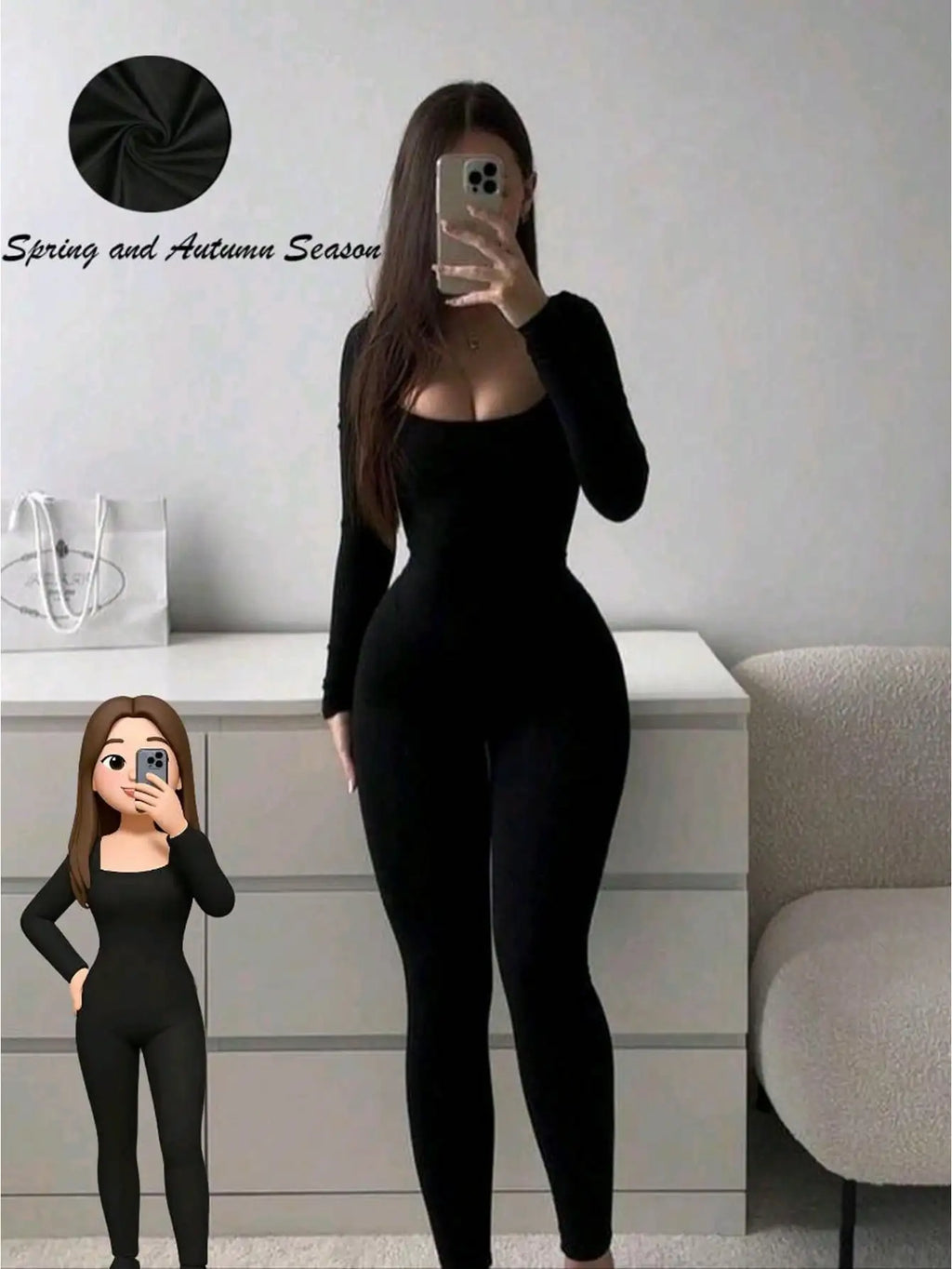 Black U-shaped Neck and Long Sleeve Jumpsuit Suitable for Spring and Autumn