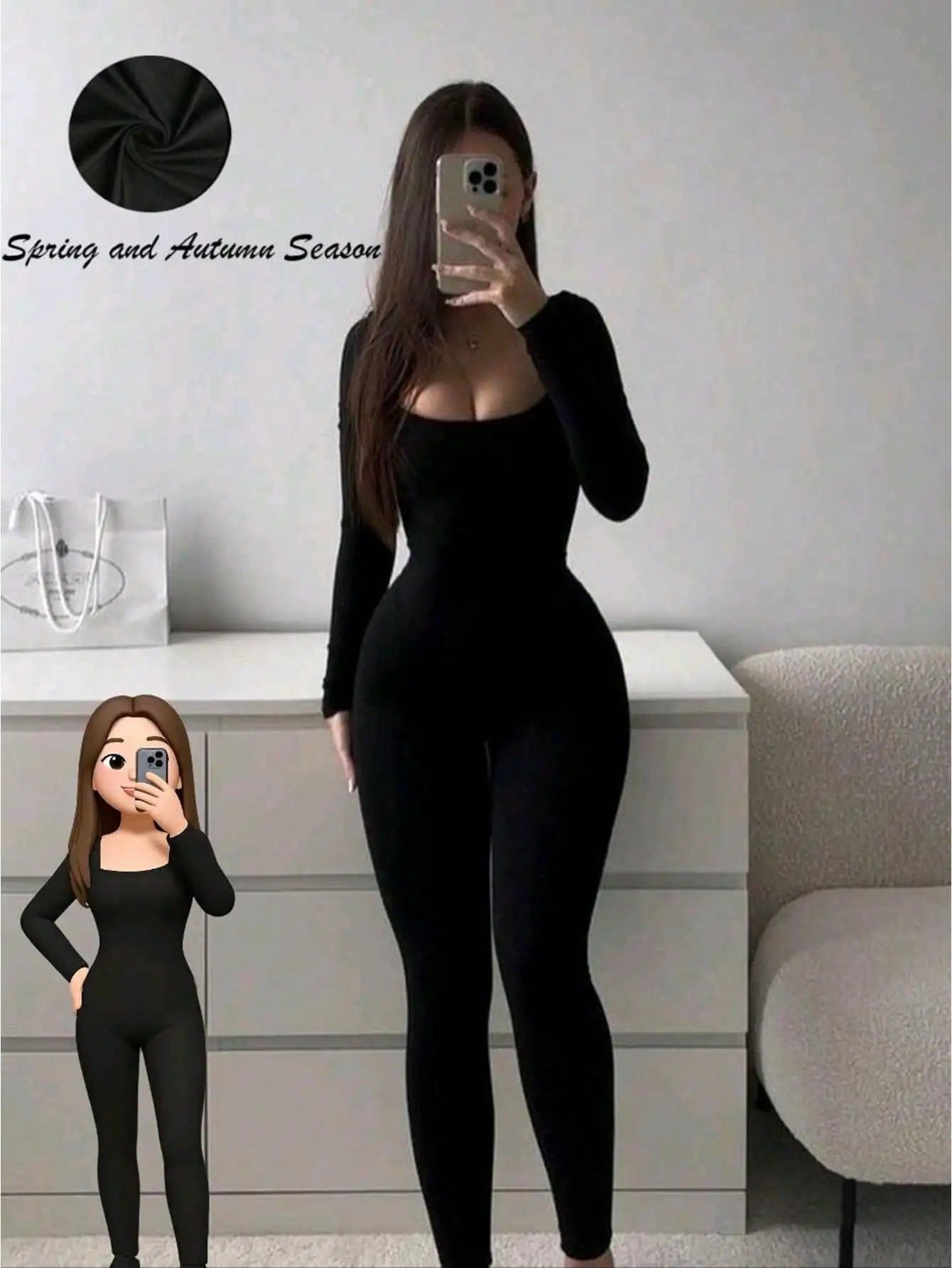 Black U-shaped Neck and Long Sleeve Jumpsuit Suitable for Spring and Autumn