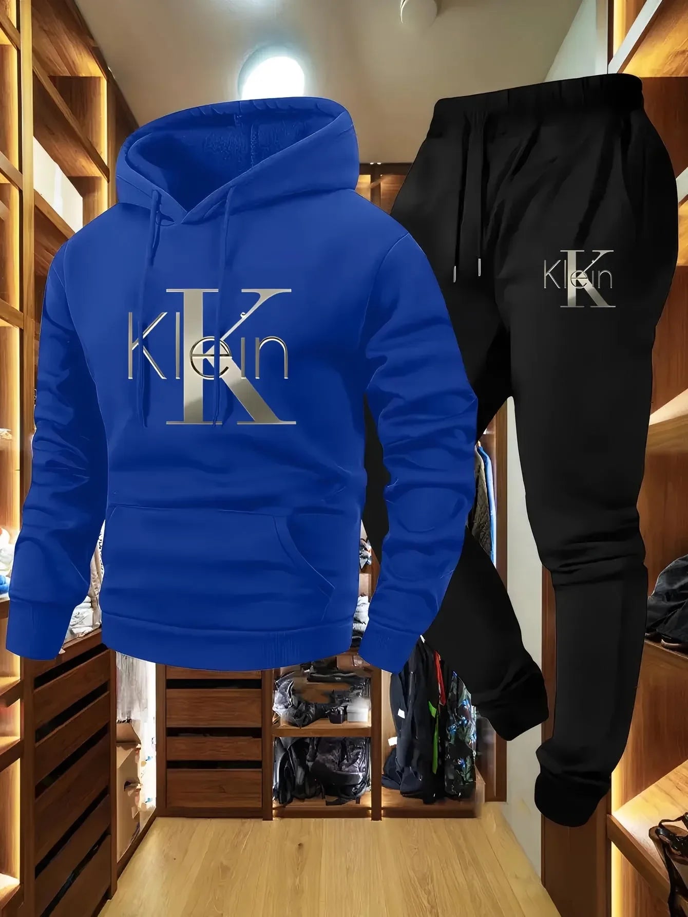 Men's casual two-piece set with autumn and winter patterns, hooded sweatshirt, long pants with pockets, outdoor sports suit