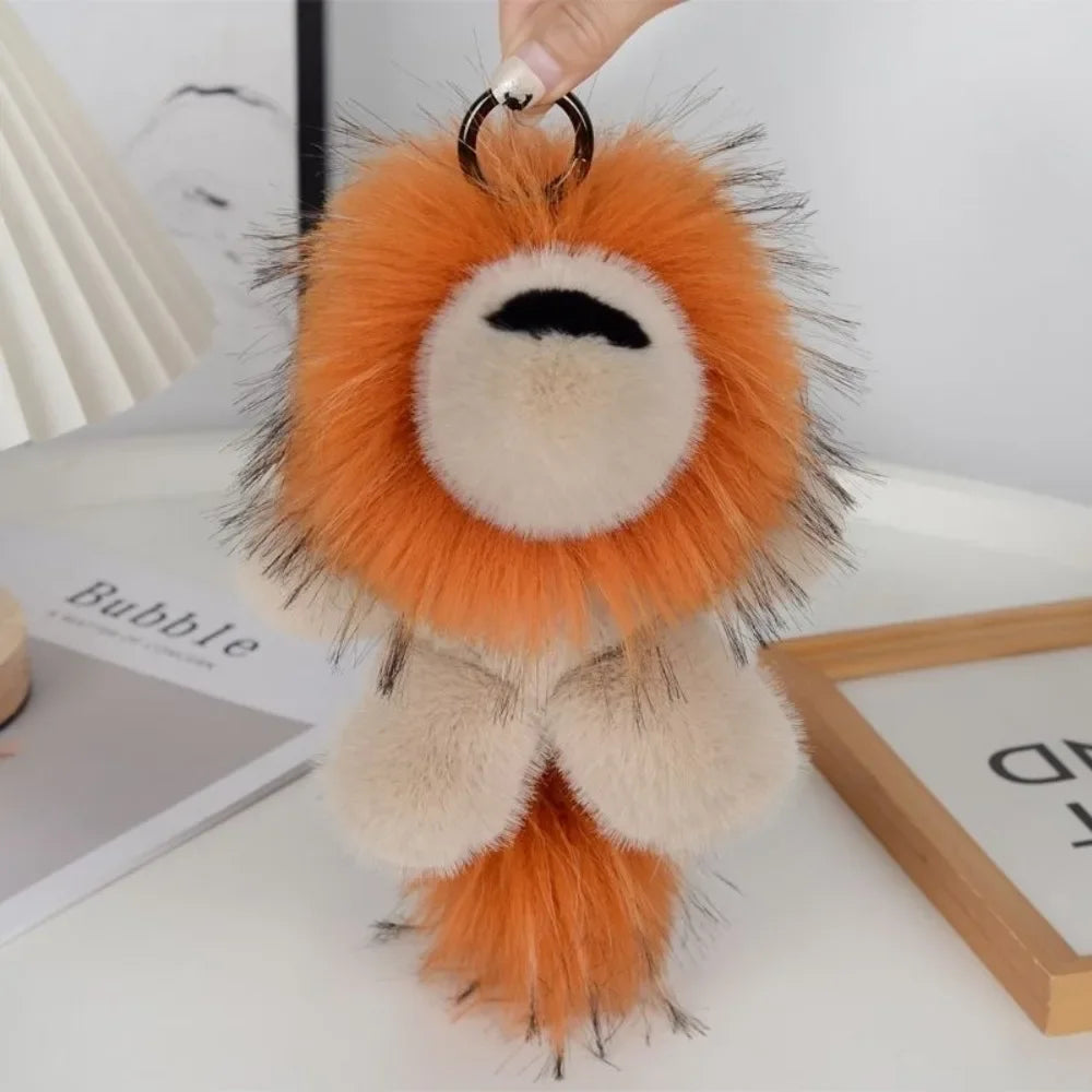 Long Mane Lion Plush Pendant with Tail Stuffed Plush Lion Keychain Simulation Rabbit Fur Ornaments Cute Animal Keychain Children