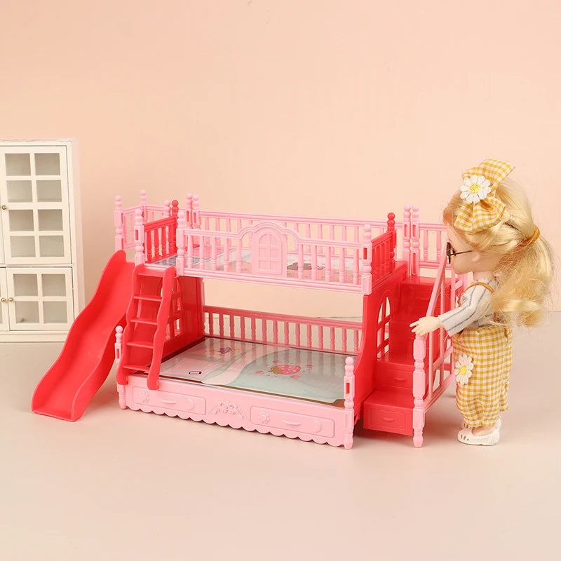 Charming Dollhouse Mini Princess Bunk Bed With Slide, Perfect Accessory for Dolls House Bedroom Decor