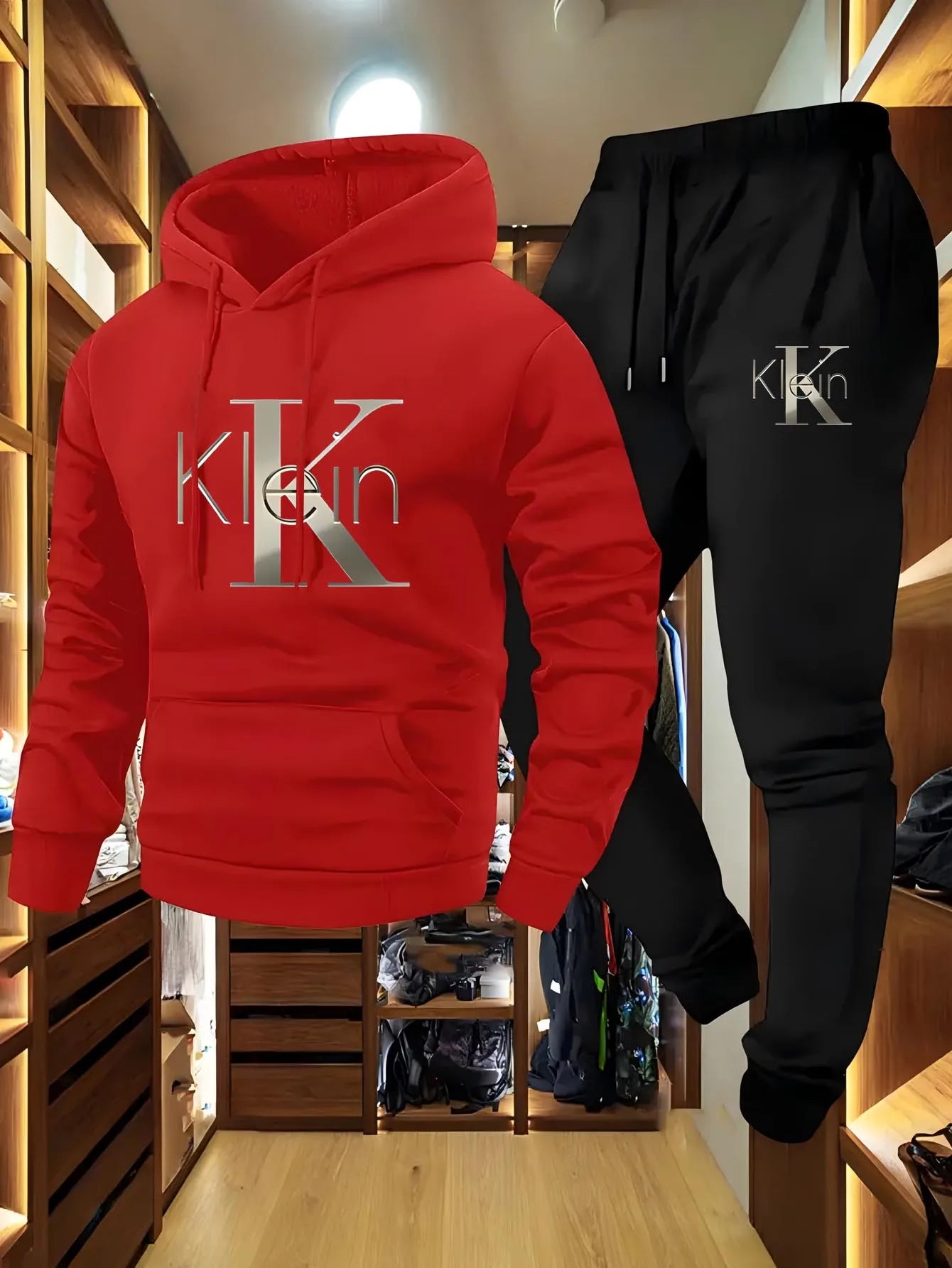 Men's casual two-piece set with autumn and winter patterns, hooded sweatshirt, long pants with pockets, outdoor sports suit