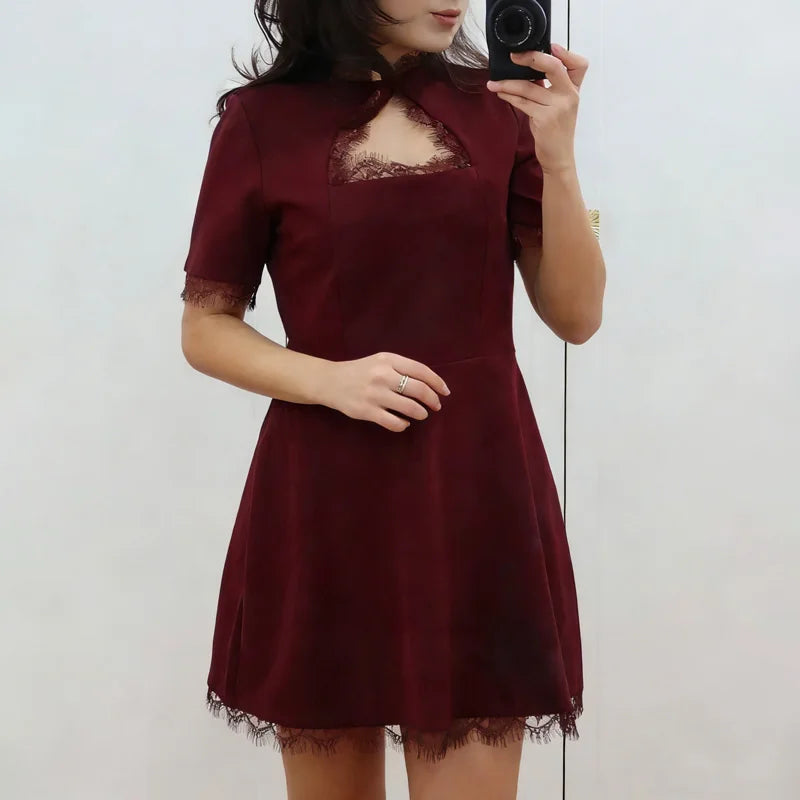 Tossy Black Lace Hollow Out Mini Dress Female Patchwork Short Sleeve Sexy High Waist Party Dress Women's Casual Printed Dress