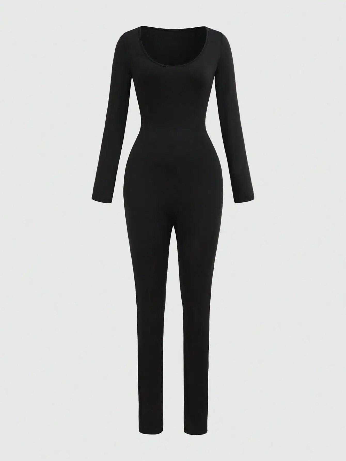 Black U-shaped Neck and Long Sleeve Jumpsuit Suitable for Spring and Autumn