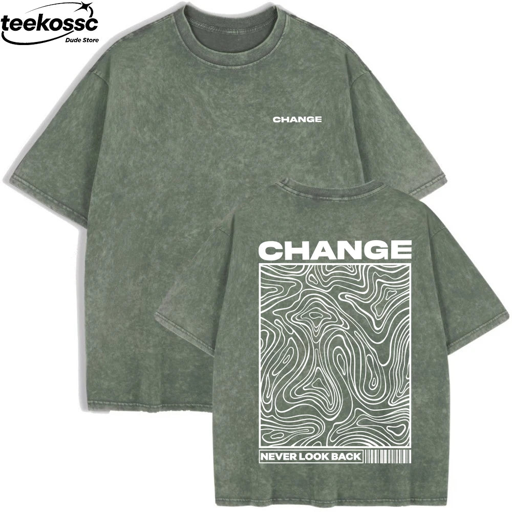 Change Never Look Back Printed Washed T-Shirts Womens Cotton Oversize T Shirt Summer Short Sleeve Tops Casual O-Neck Clothes