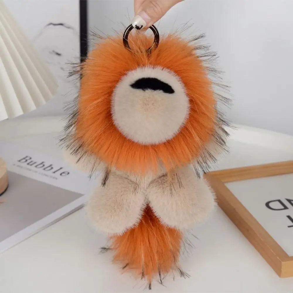Long Mane Lion Plush Pendant with Tail Stuffed Plush Lion Keychain Simulation Rabbit Fur Ornaments Cute Animal Keychain Children