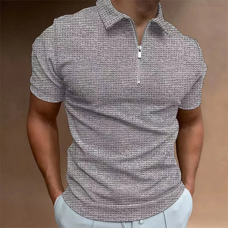 Spring/Summer Waffle Zipper Polo Shirt Checkered Color Blocked Men's T-shirt Top