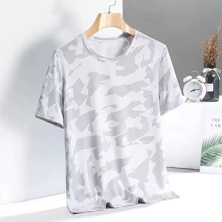 Camouflage Ice Silk Short Sleeve T-Shirt Men's Loose Fit Summer Sporty Quick Dry Casual Crew Neck Top Trendy Half Sleeve Shirt
