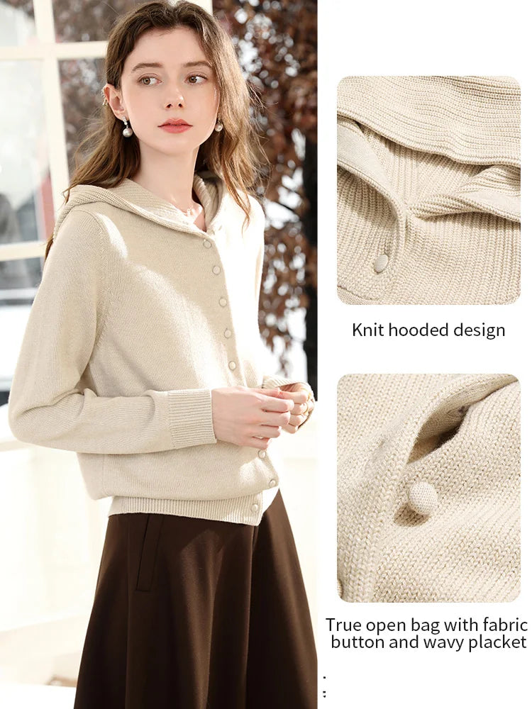 I BELIEVE YOU Apricot Wool Hooded Sweater Jacket for Women Autumn Winter 2025 Knitted  Warm Soft Casual Sweater Coat 2253126071