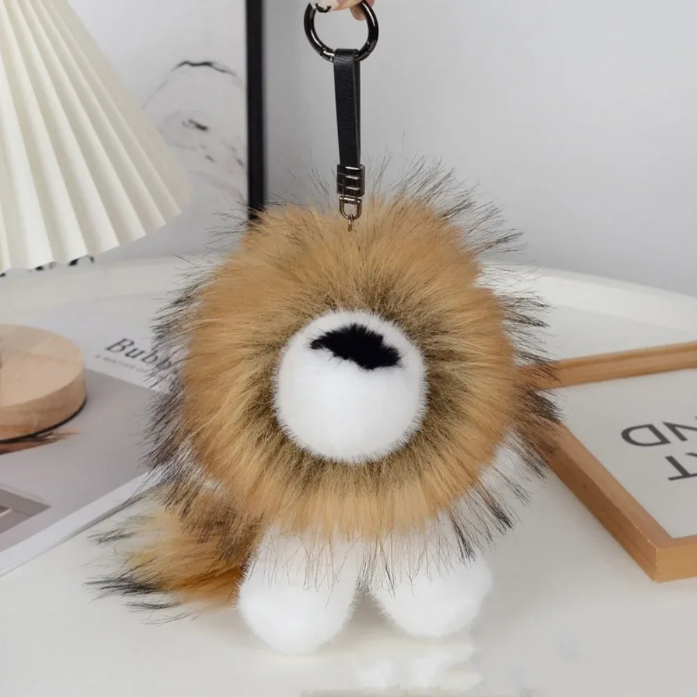 Long Mane Lion Plush Pendant with Tail Stuffed Plush Lion Keychain Simulation Rabbit Fur Ornaments Cute Animal Keychain Children