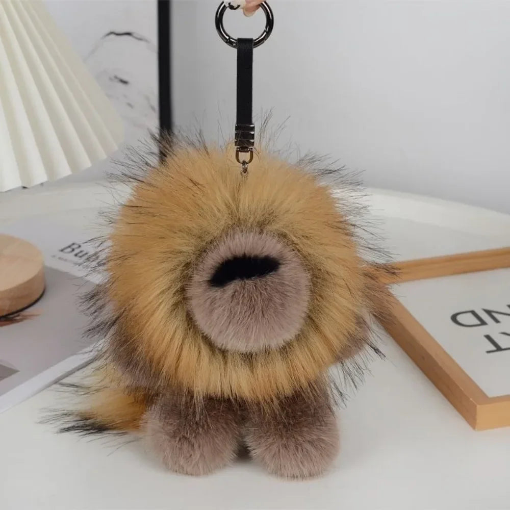 Long Mane Lion Plush Pendant with Tail Stuffed Plush Lion Keychain Simulation Rabbit Fur Ornaments Cute Animal Keychain Children