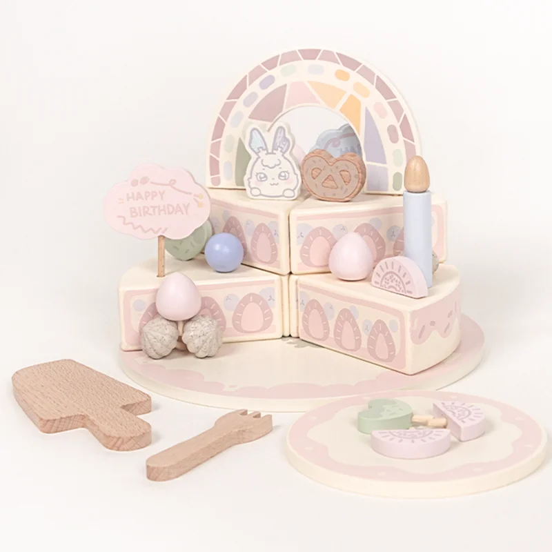 Wooden Children Kitchen Toys Pretend Toys Cutting WHITE PEACH Cake Play Food Kids Toys  Birthday
