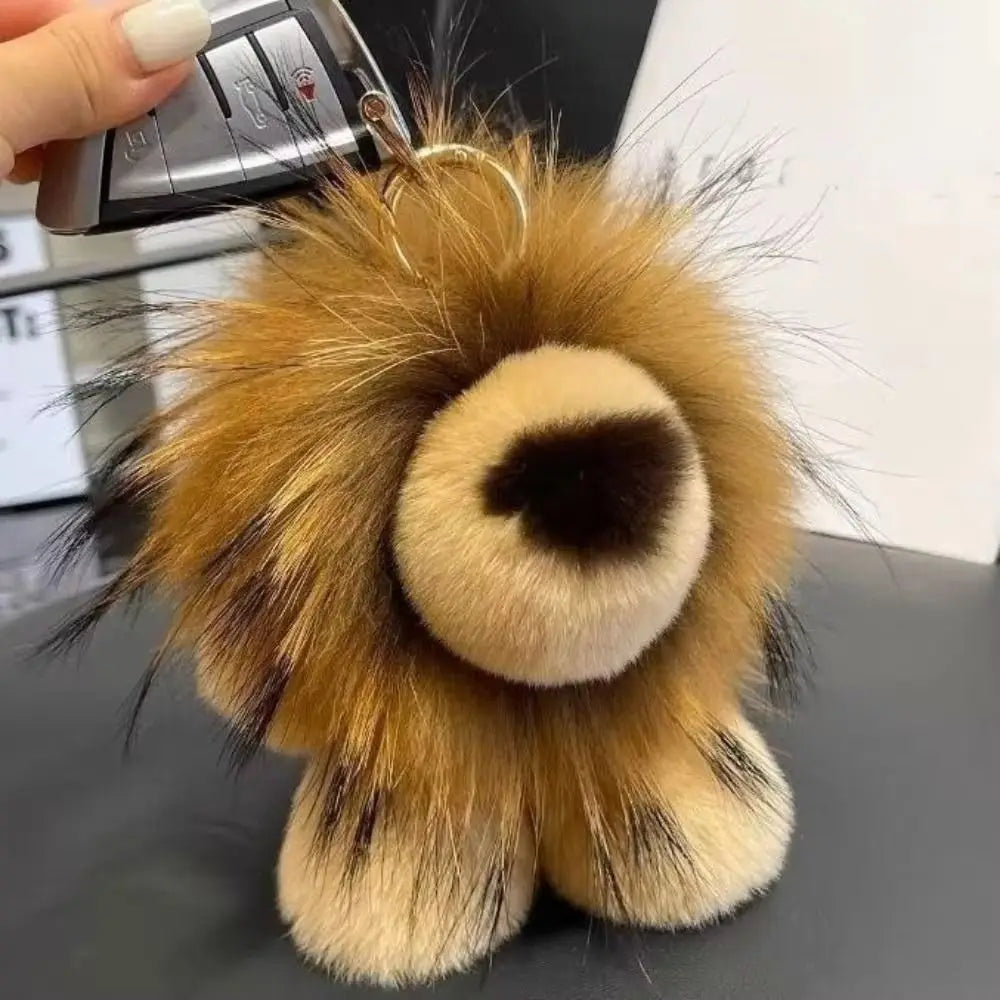 Long Mane Lion Plush Pendant with Tail Stuffed Plush Lion Keychain Simulation Rabbit Fur Ornaments Cute Animal Keychain Children