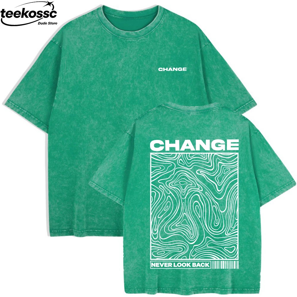 Change Never Look Back Printed Washed T-Shirts Womens Cotton Oversize T Shirt Summer Short Sleeve Tops Casual O-Neck Clothes