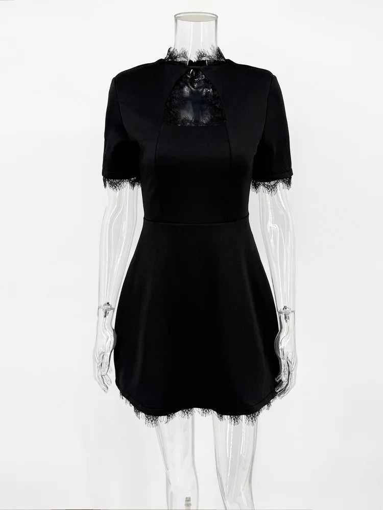 Tossy Black Lace Hollow Out Mini Dress Female Patchwork Short Sleeve Sexy High Waist Party Dress Women's Casual Printed Dress