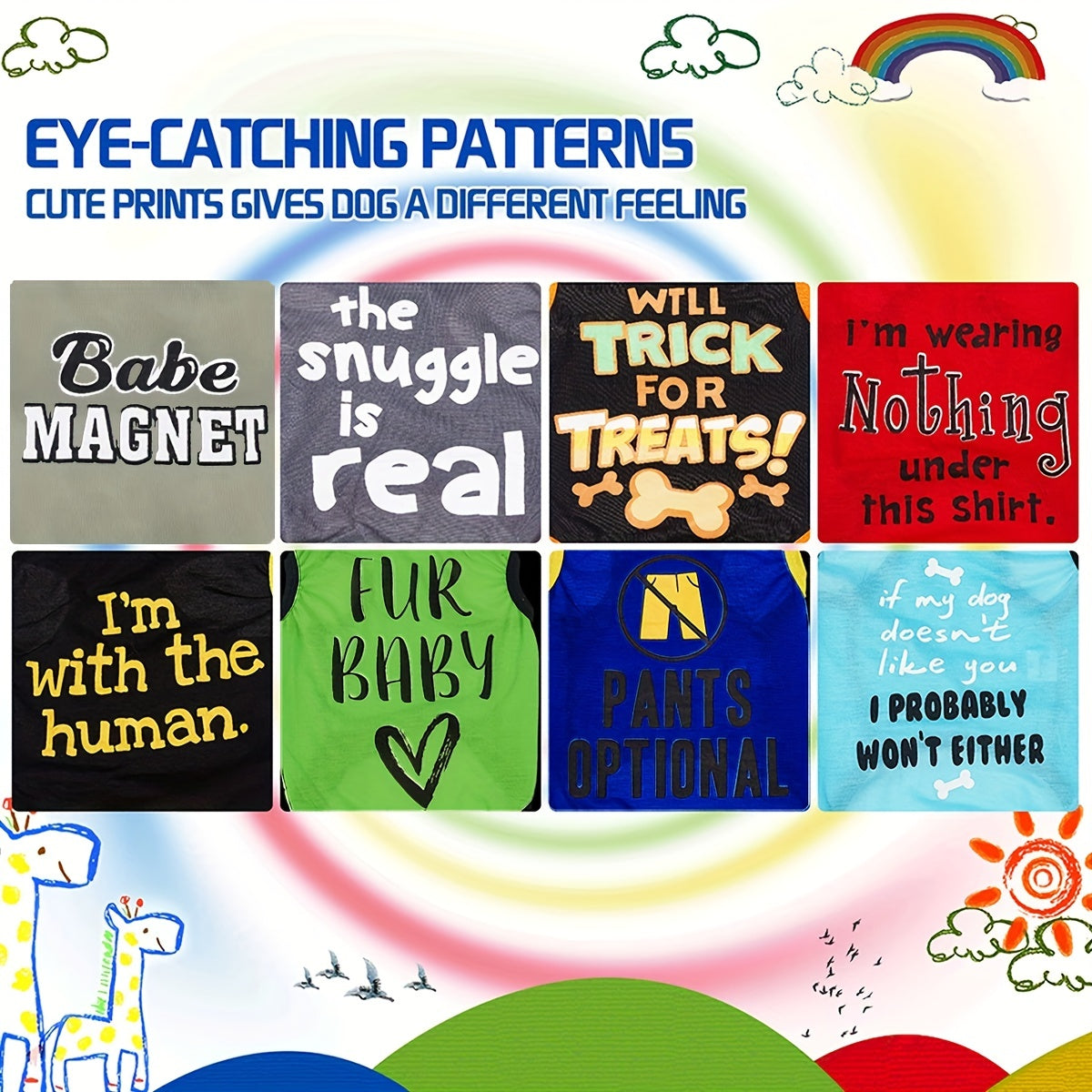 [Funny Dog Shirts] PAIAITE 8pcs Funny Dog Shirts - Soft Breathable Pet Outfits with "The Snuggles Are Real", "I'm Wearing Treats Under This Shirt", "Fur Friend" - Easy Slip-On Summer Apparel for Small Dogs & Cats in Grey/Blac